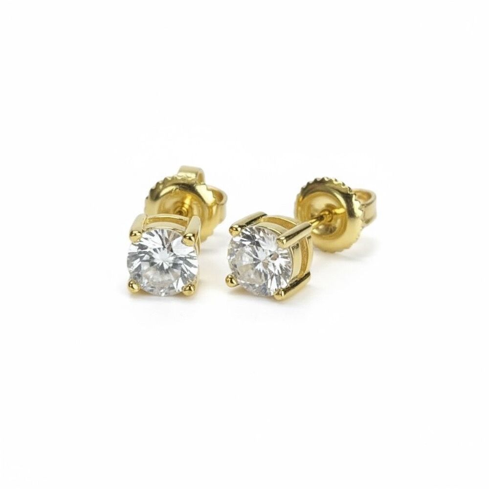 Stunning 6.5mm Moissanite Round Screw Back 18k Gold Solitaire Stud Earrings 2ctw